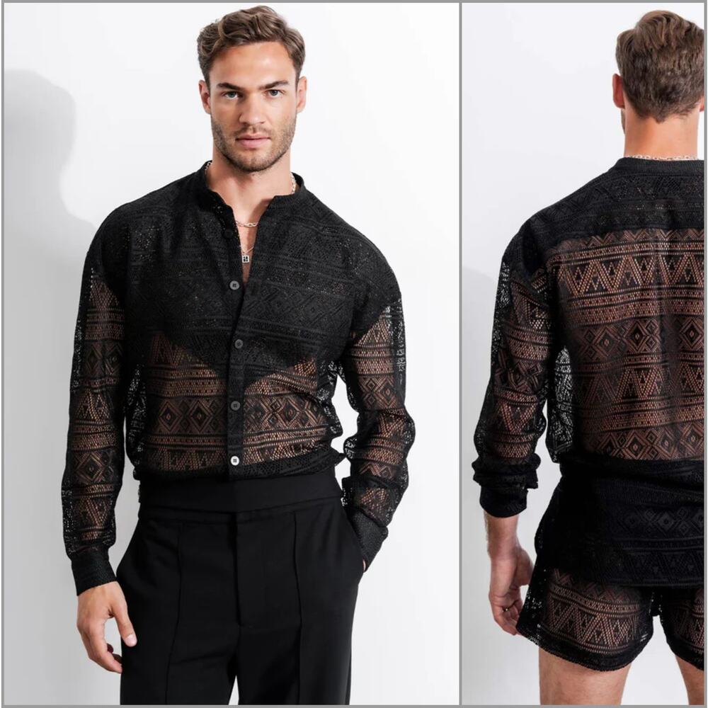 ORTTU Men's Large Emanuel Shirt Black Mesh Lace long sleeve
